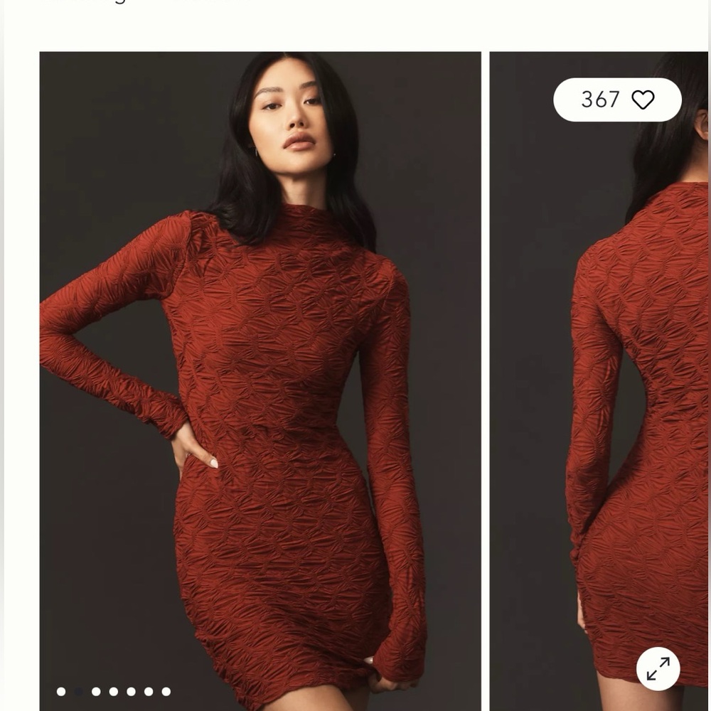 Anthropology Maeve Burgundy, Long Sleeve Scrunch Textured Dress